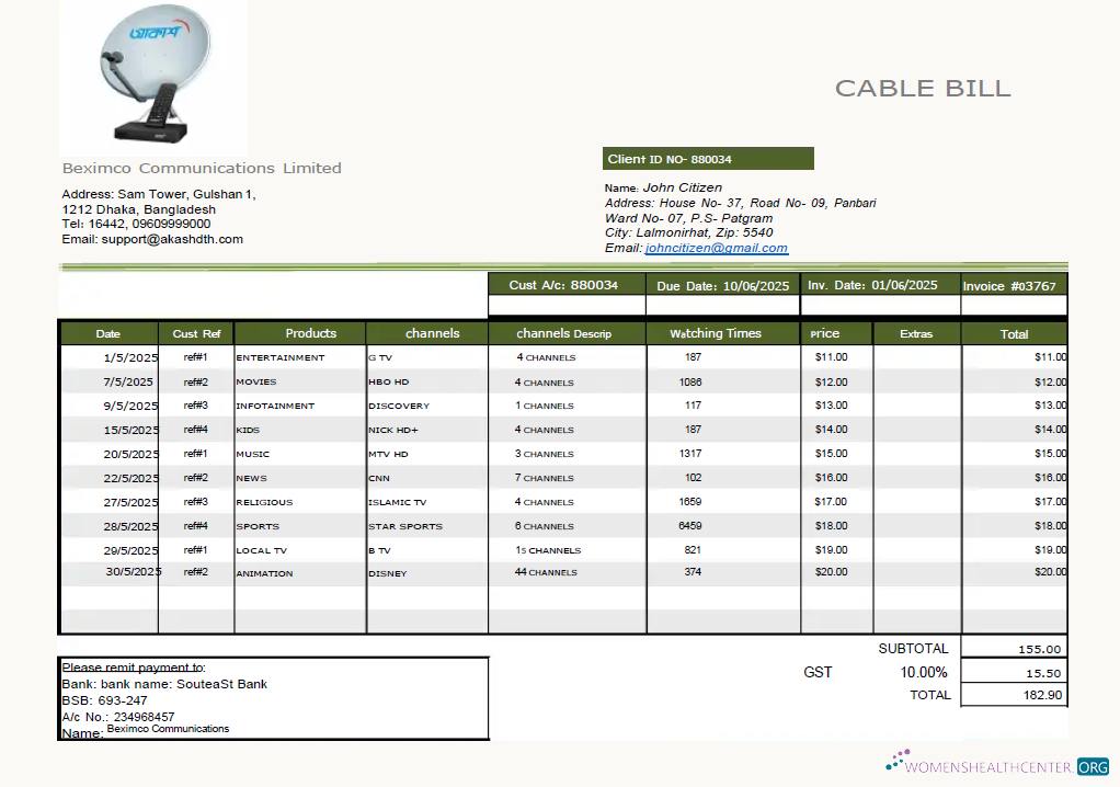 download Bangladesh Beximco Communications utility bill template in Word and PDF formats PDF template
